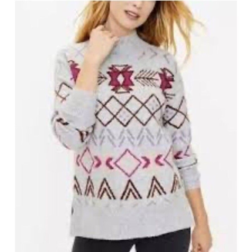 Lou &‎ Grey Fair Isle Tunic Sweater Women's M Pebble Grey Heather Mock Neck NWT